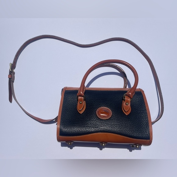 Dooney & Bourke Black / Tan Vintage Leather Satchel Crossbody Purse - Picture 3 of 13